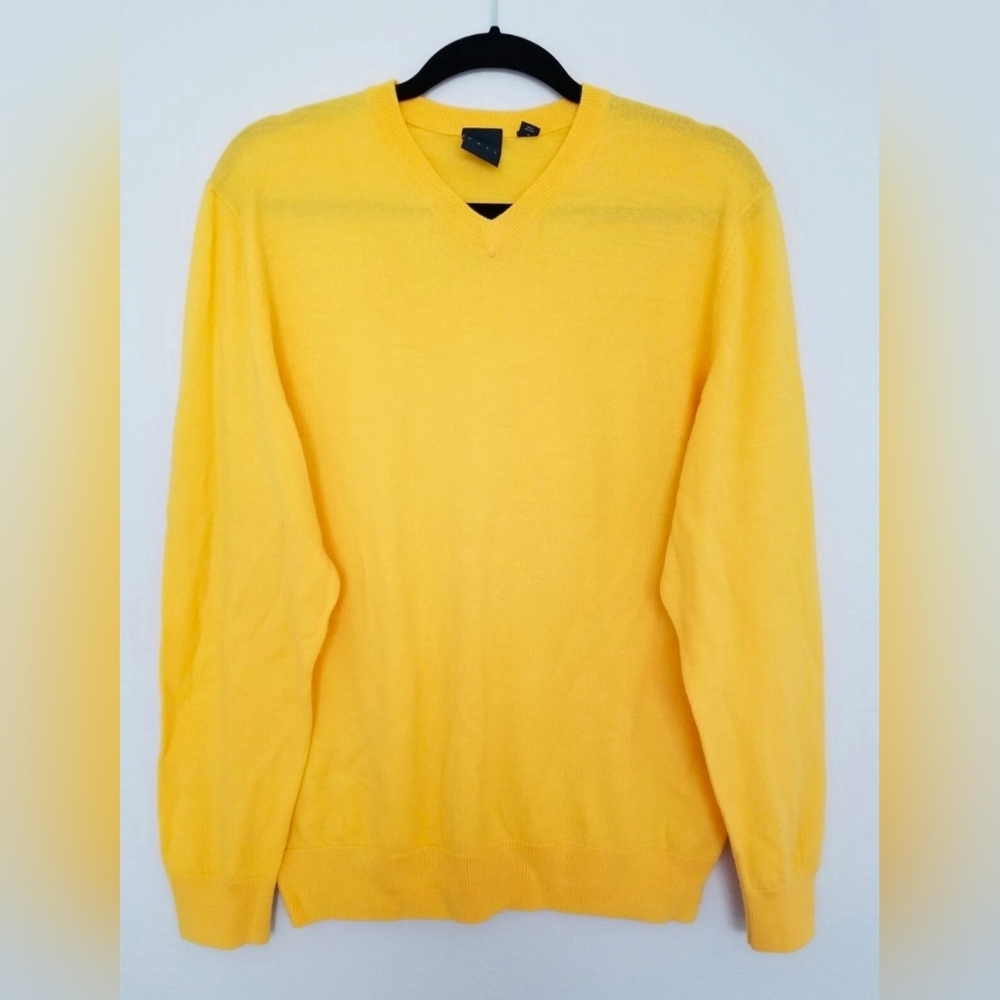 Dunning Golf Men's Fine Sweater Pullover Yellow V-Neck 100% Merino Wool Sz L EUC